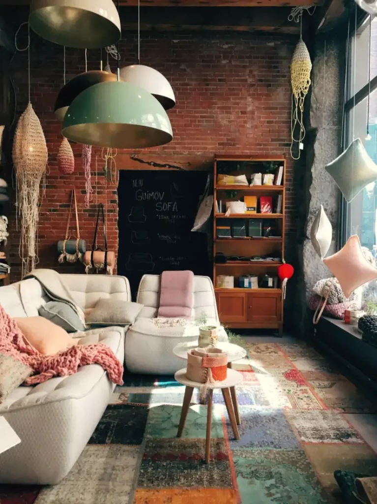 A cosy living room with rugs, lamps and cushions