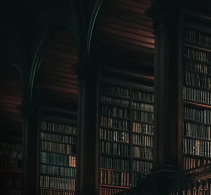 A dark library with tall bookshelves