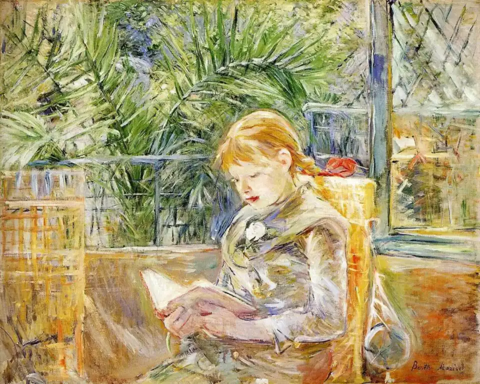 Painting of a young woman reading in a garden, by Berthe Morisot