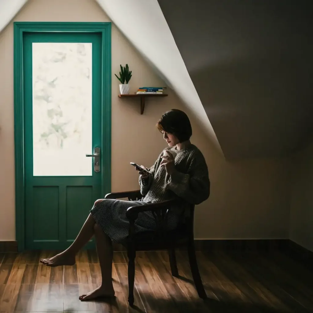A woman reading in a chair by a green door
