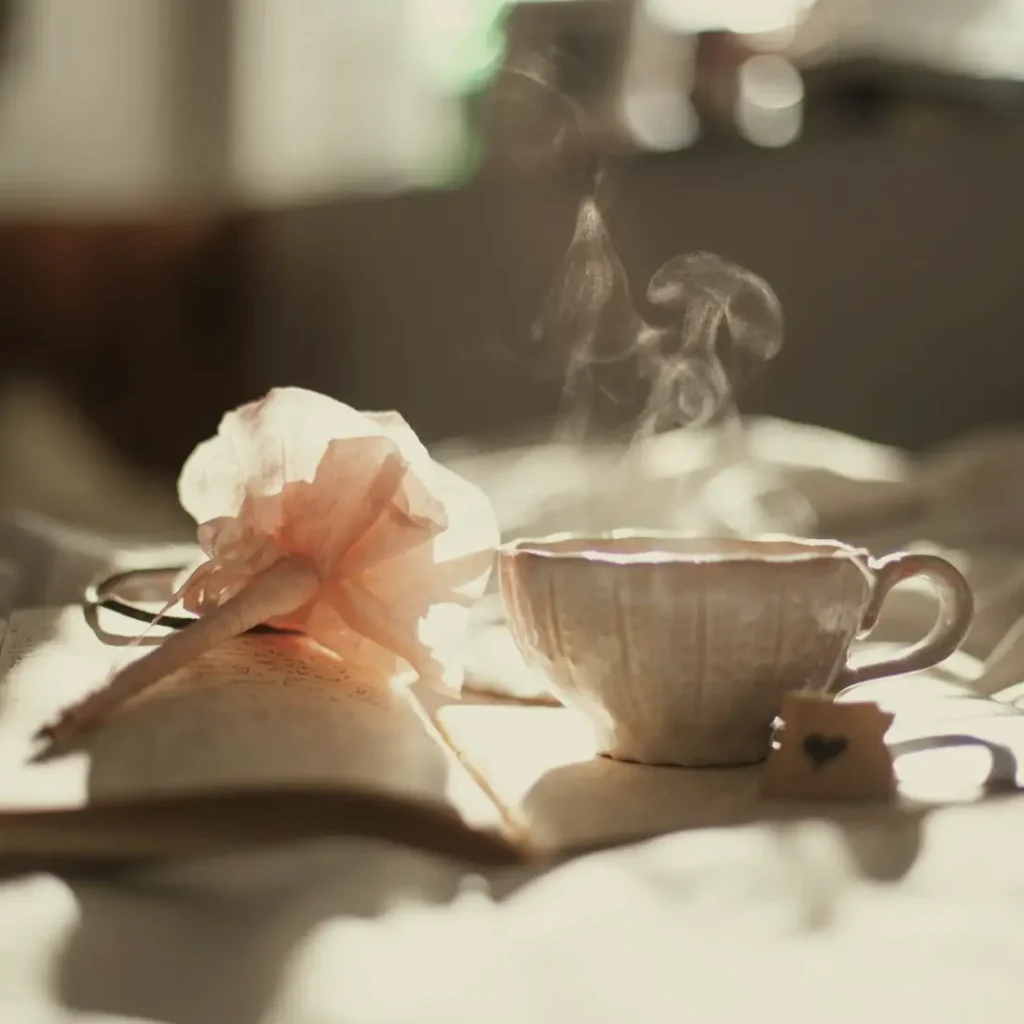 A steaming cup of tea beside an open book