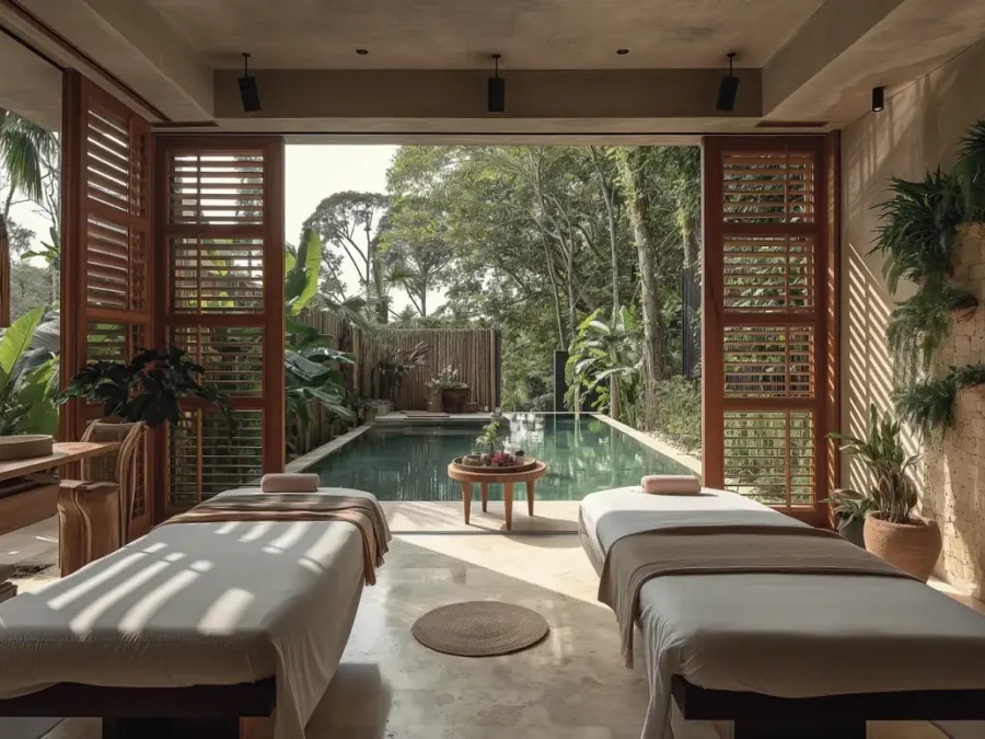 A tropical spa room opening onto a garden pool