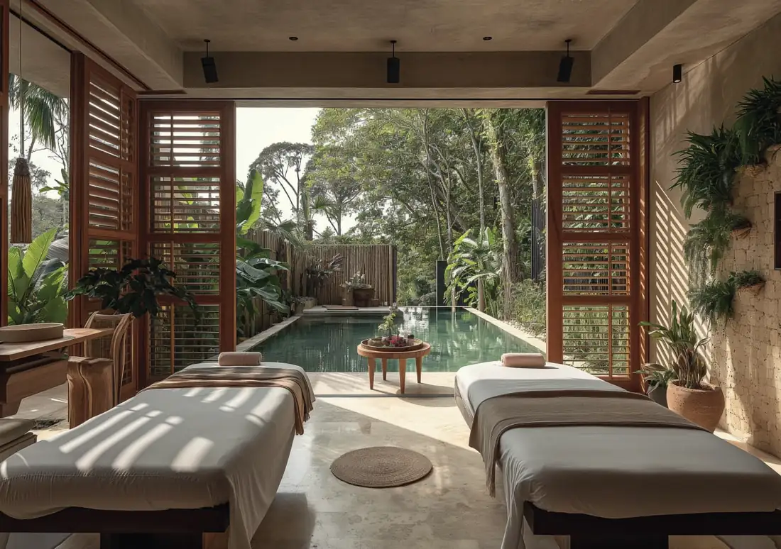 A tropical spa room opening onto a garden pool